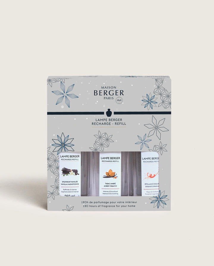 Triopack ROSALIE - Zauber der Vanille & Sprudelnde Lebensfreude & Goldener Amber - Lampe Berger Refill (3 x 250 ml)