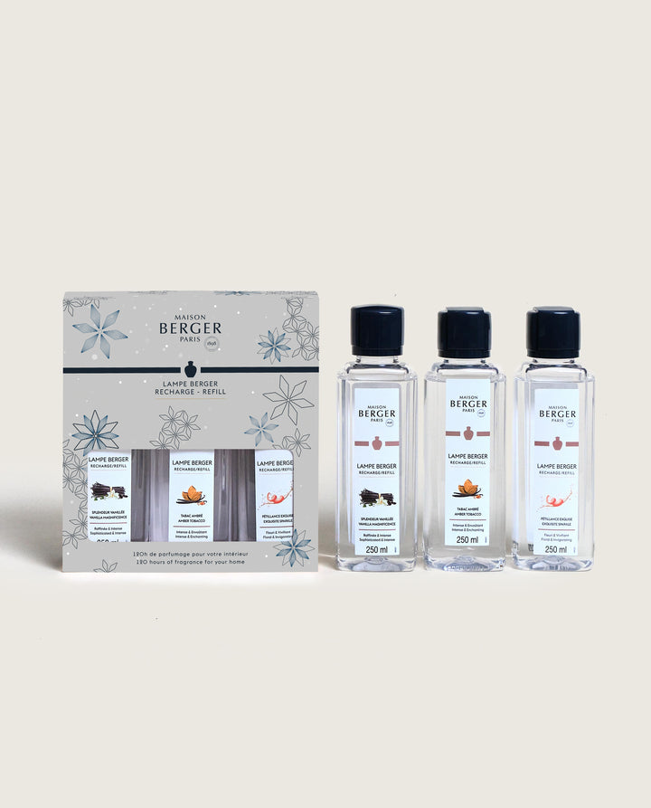 Triopack ROSALIE - Zauber der Vanille & Sprudelnde Lebensfreude & Goldener Amber - Lampe Berger Refill (3 x 250 ml)