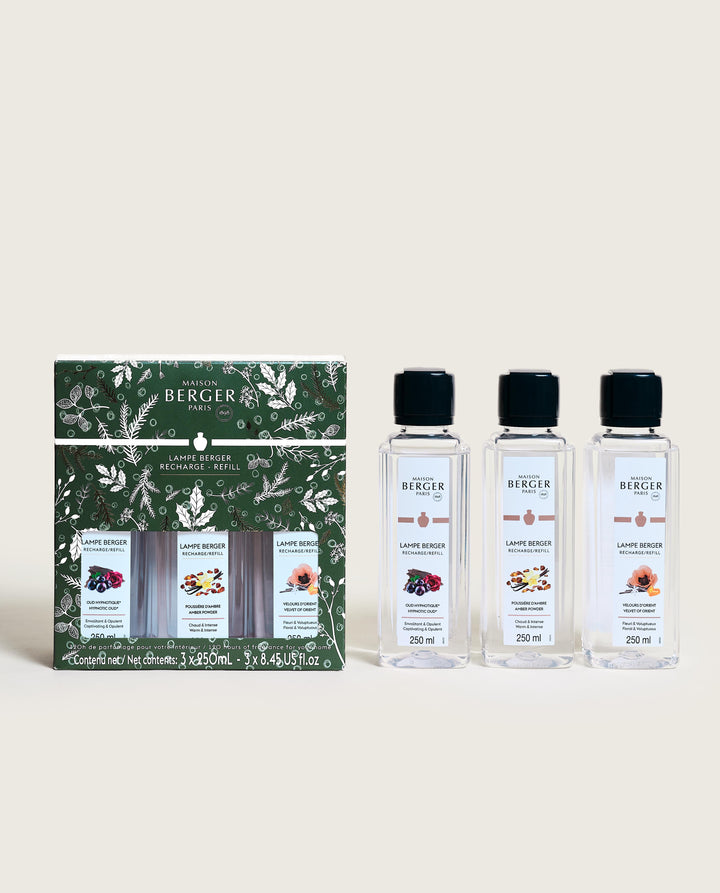 Triopack Magical - Betörendes Oud & Samt aus dem Orient & Pudriger Amber - Lampe Berger Duft Refill (3 x 250 ml)