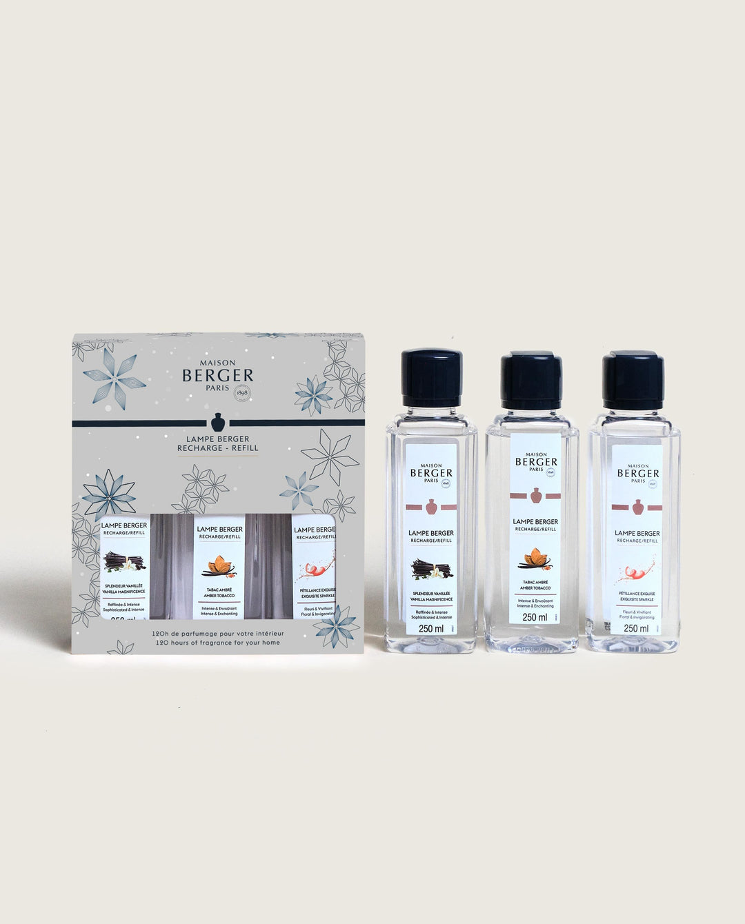 Triopack ROSALIE - Zauber der Vanille & Sprudelnde Lebensfreude & Goldener Amber - Lampe Berger Refill (3 x 250 ml)